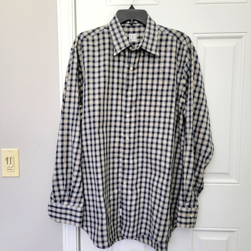 Peter Millar Blue Cream Plaid Mens Button Down Shirt Classic Preppy Size L